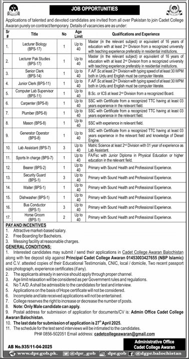 Cadet College Awaran Jobs 2025 Advertisement