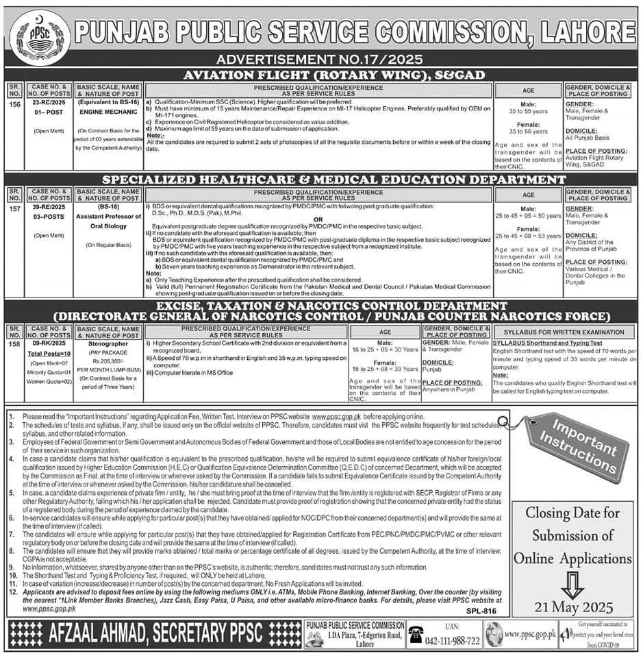 PPSC Advertisement No 17/2025