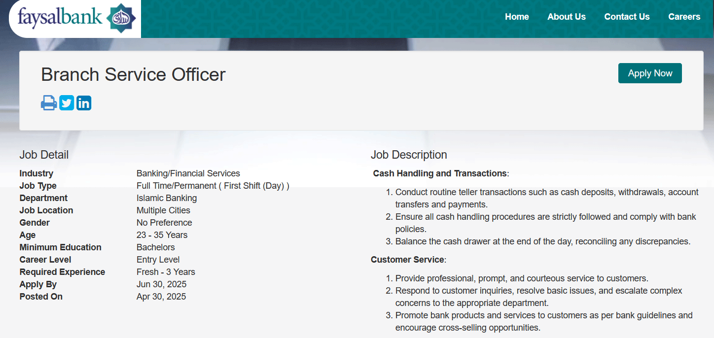 Faysal Bank Jobs 2025 Advertisement