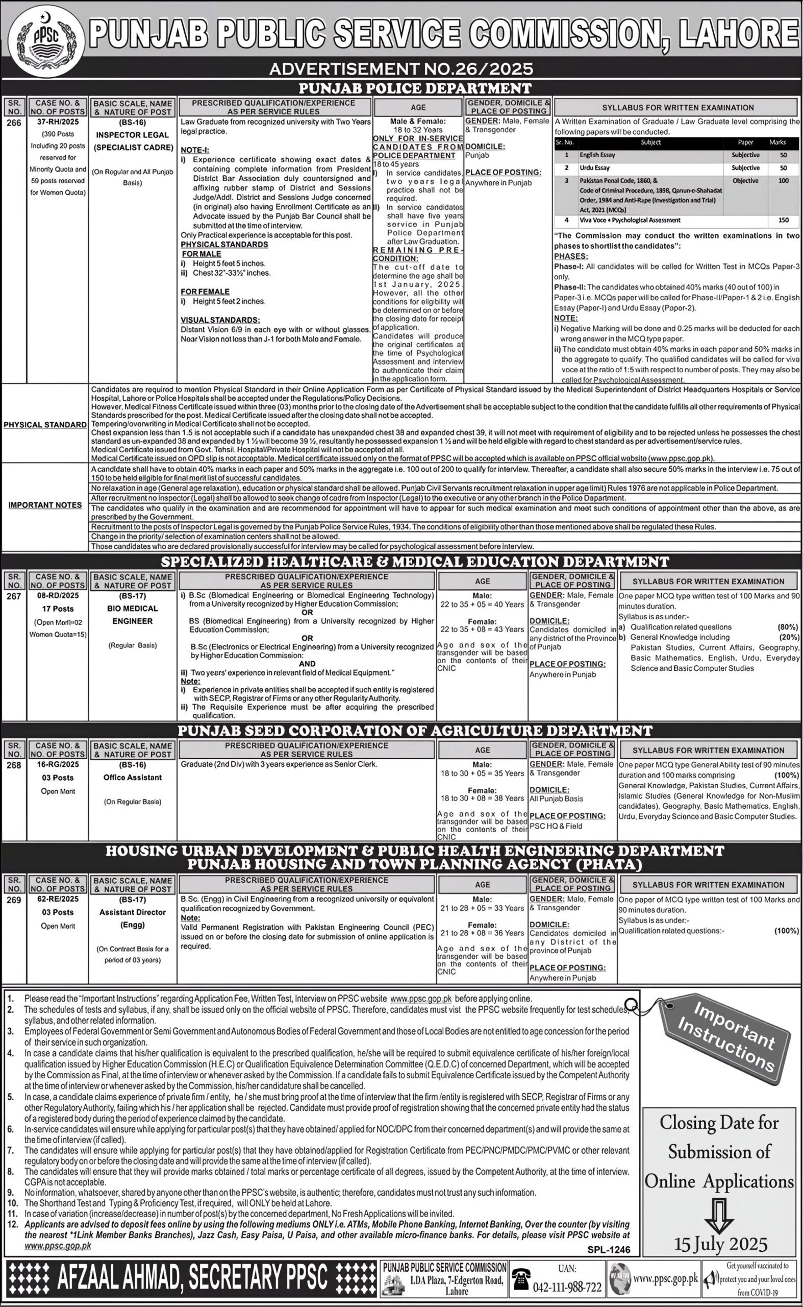 PPSC Jobs Advertisement No. 26
