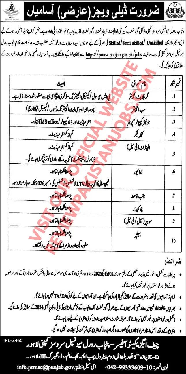 Punjab Rural Municipal Services Company Jobs 2025 Advertisement